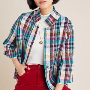 Anthropologie Rosetta Plaid Blazer Medium Plaid Multicolor Crop Bell 3/4 Sleeve
